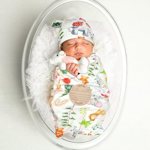 Set (61-09) Animal Newborn Swaddle Blanket, Baby Receiving Blankets with Headband and Beanie for Boys Nursery Swaddle