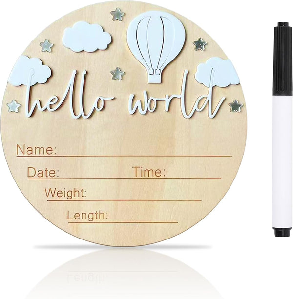Baby Announcement Sign, 5.9 Inch Wooden Hello World Newborn Signs, Birth Announcement