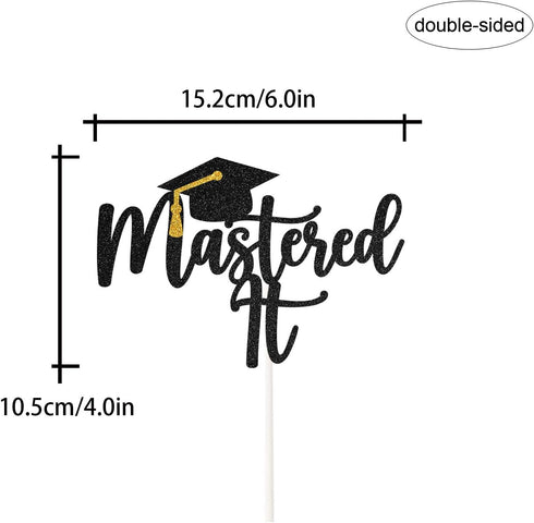 Black Glitter Mastered It Cake Topper - College Grad Congratulations MBA Graduation Party Decorations