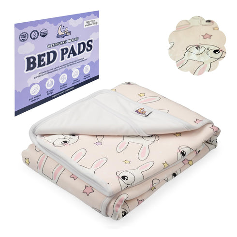 Tuckable Side Bed Wetting Pads for Toddlers, 39"x29" Pink Bunny Print, 5 Absorbent Layers, Reusable Waterproof