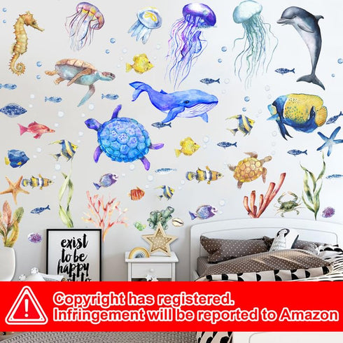 4 Sheets Ocean Fish Wall Decals Stickers, Removable Sea Life Marine Animal Decor for Kids Nursery Bathroom