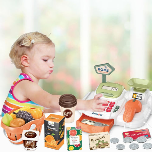 yoliyogo Playset Pretend Play Cash Register Toy with Functional Caculator Cashier Scanner Toy Supermarket with Simulate