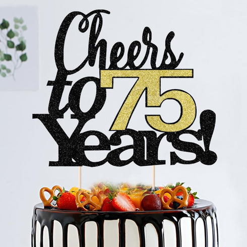 LVEUD Black Font Golden Numbers Cheers to 75 Years Happy Birthday Cake Topper - Wedding, Anniversary Decorations