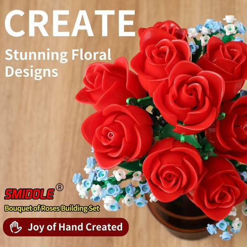SMIDOLE Set 648pcs Red Rose Bouquet Building - DIY Mini Block Kits for Adults & Kids, Artificial Flowers for Home