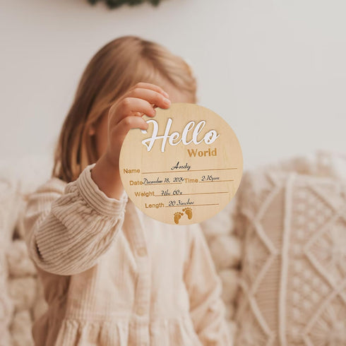 Lemicin 5.9 Inch Baby Birth Announcement Sign Hello World Newborn Name Wooden Plate for Hospital Nursery Birth