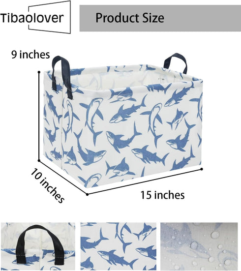 Kids Baby Storage Basket, Rectangular Shark Toy Organizer Bin, Cute Shelf Book Decor (Blue Shark)