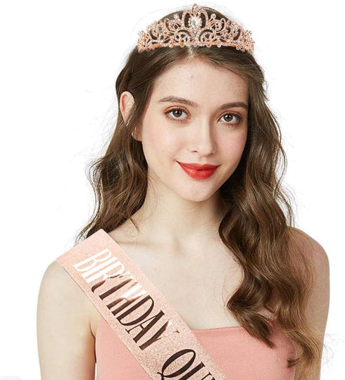 COCIDE Birthday Sash & Tiara Set, Rose Gold Crowns and Tiaras for Women, Rhinestone Queen Headband, Glitter Crystal