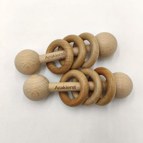2pcs Beech Wood Ring Rattle - Montessori Toys Wooden Educational Ring Rattle with Chew Wood Beads (Rattle 2pcs)