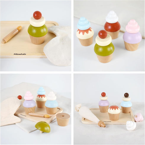 Set, 21 Set 3+ Pillowhale Wooden Cupcake Play Food Pcs Pretend Baking Toys with Interchangeable Toppings & Piping Bag