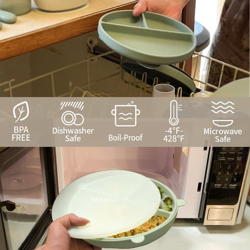 100% 2 Pack Moonkie Suction Plates for Baby | Silicone BPA-Free Baby Plates with Lids and Food Cover | Divided Design |