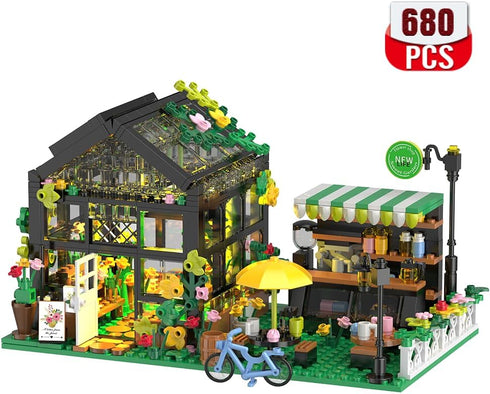 Set 8-12 680pcs Flower House Building with LED, City Street House Flower Shop Building Blocks Toy, Valentine Gift