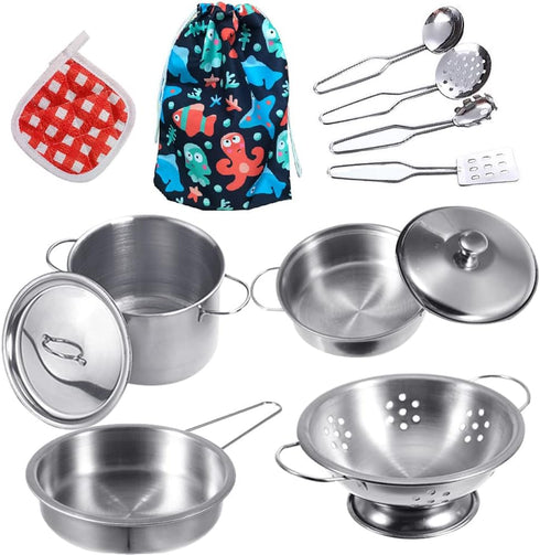 Tiny Cookware Utensils Pretend Play Kitchen Toys, Stainless Steel Cooking Set, Montessori Kitchen Playset for Kids,