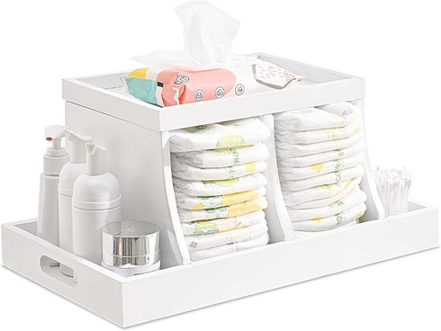 Diaper Caddy Organizer, Wooden Diaper Storage for Nursery, White, Rectangular Size