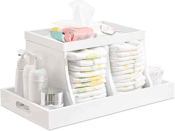 Diaper Caddy Organizer, Wooden Diaper Storage for Nursery, White, Rectangular Size