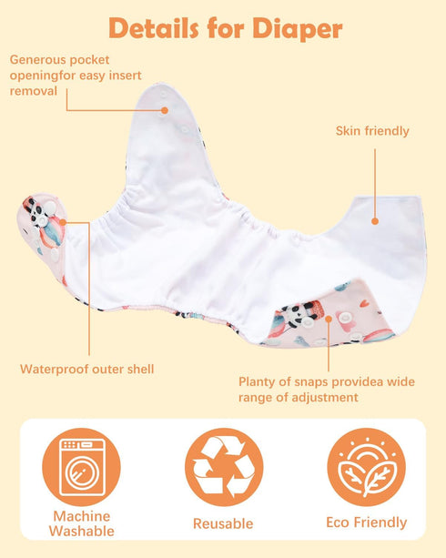 6 Pack 6 babygoal Reusable Cloth Diapers with Inserts & Wet Bag, Washable Pocket Nappy Starter Kit, Baby Boy & Girl