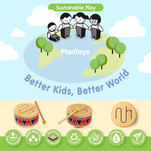 PlanToys Solid Drum Toddler Musical Instrument - Sustainably Made from Rubberwood with Organic-Pigment Coloring