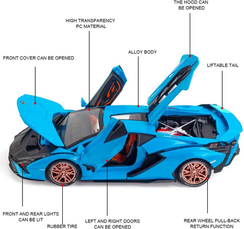 1/24 Diecast Car Toys for Kids - Zinc Alloy Lambo Sian FKP 37 Model Toy Car with Light and Sound (Blue)