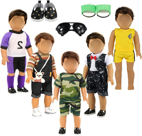 Barwa Boy Doll Clothes, 5 Sets, 2 Pairs Shoes, 1 Pair Glasses for 18 Inch Boy Dolls