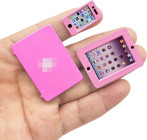 3 Pack Dollhouse Mini Laptop Tablet and Smart Phone Scene Accessories for Doll 1/6 1/12 Miniatures Silver