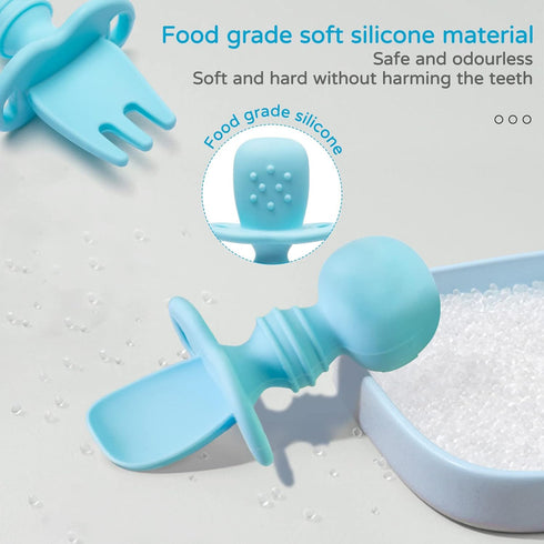 Silikong Silicone Utensils - Baby Fork and Spoon Set, Training Utensils for Ages 6 Months, Blue