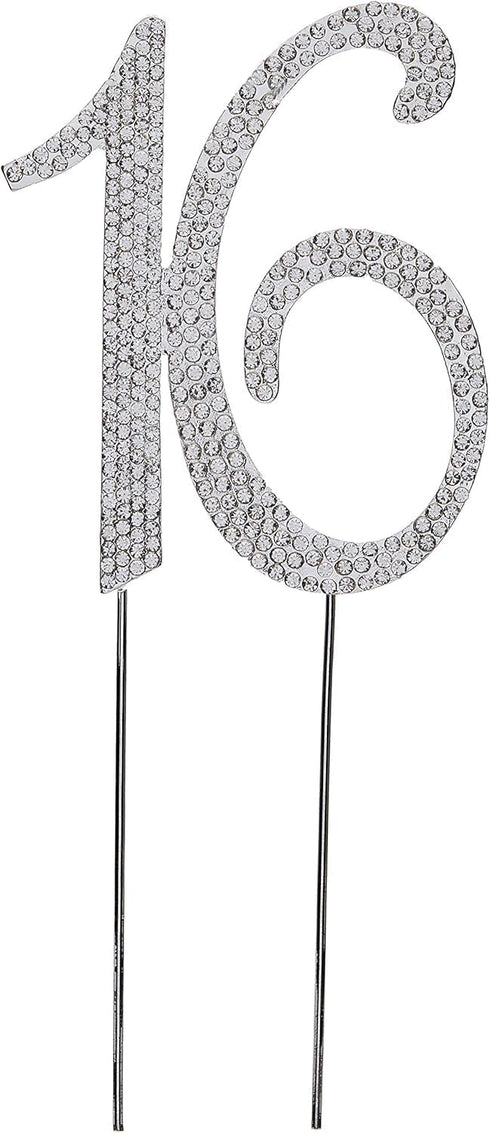 Bling Crystal Rhinestone 16 Birthday Cake Topper - Best Keepsake for 16th Party Decorations, Silver