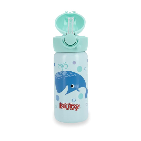 14 Oz 18+ Nuby Thirsty Kids No Spill Flip-It Active Stainless Steel Travel Cup or Water Bottle - - Months - Mint Whale
