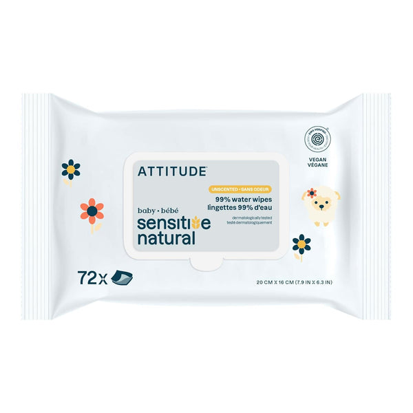 ATTITUDE Baby Wipes Unscented, For Sensitive Skin with Oat, Natural Origin, Dermatollogically