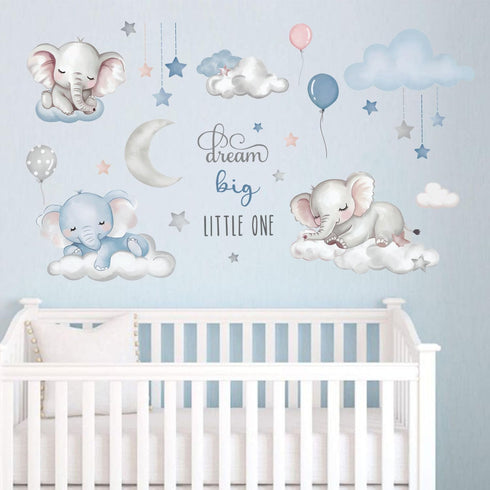 Quinspir Dream Big Little One Elephant Wall Stickers,Dreamy Moon Stars Balloons Cloud Decor for Kids Room, Nursery