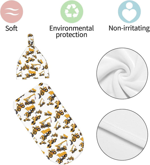 Broiteid Set Construction Machinery Excavator Truck Tractor Newborn Swaddle Blanket Baby Stuff Baby Blanket with Beanie