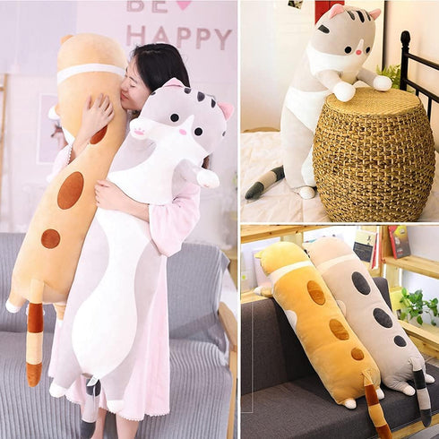 Cute Cat Plush Long Body Pillow, Cartoon Stuffed Animals, Soft Doll Pillows, Gifts for Kids Girls, Orange, 19 Inches