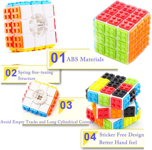 Speed Magic Cube 3x3 Build-on Brick, Smooth Turning Magic Cube Brain Teaser Puzzle and Building Bricks Toy