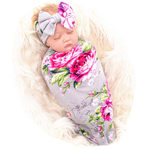 Galabloomer Newborn Receiving Blanket Headband Set, Baby Flower Rose Swaddle with Big Bow, Gray