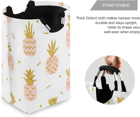 senya Pink Pineapple with Gold Glitter Large Storage Basket, Collapsible Organizer Bin with Handles