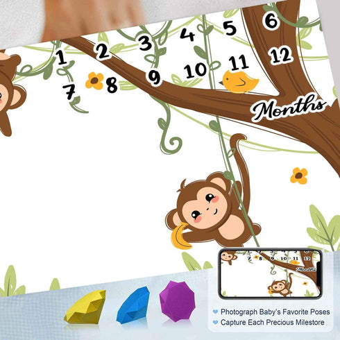 Naughty Little Monkey Baby Monthly Milestone Blanket for Boy Girl, Baby Blanket with Month Marker Frame, 48x40in,1-12 Months Milestones, for Baby Showers and Newborn BTZYFH7 by FHZON