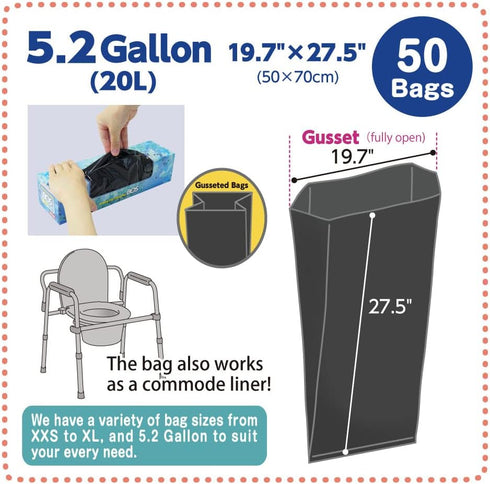 Commode (50 [5.2 Gallon/20L, BOS Amazing Odor Sealing Disposable Bags for Liners, Adult Diapers or any Sanitary Product