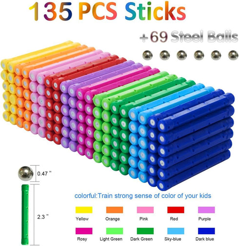 204 Pcs Magnetic Building Sticks Blocks Toys, 2.3" Length Educational Magnetic Stacking Toys Set for Kids