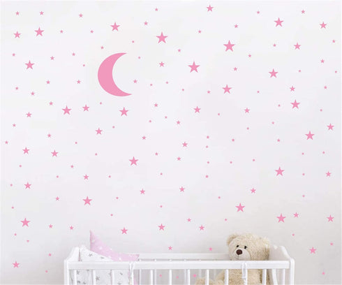 Moon and Stars Wall Decal Vinyl Sticker - Good Night Nursery Decor for Kids Room (Soft Pink)