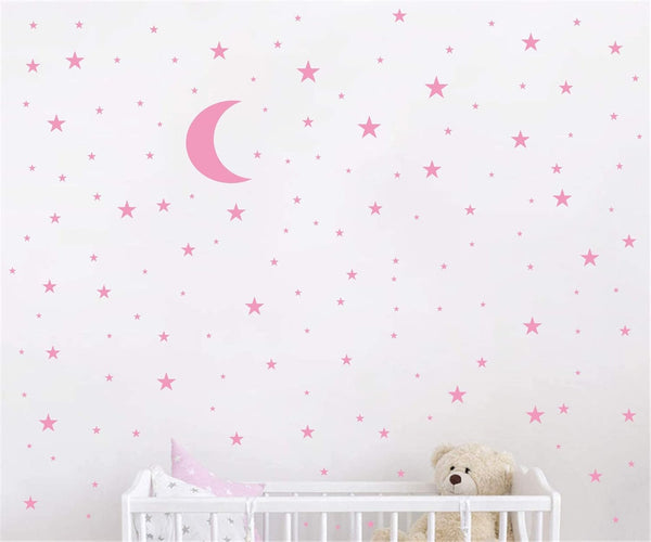 Moon and Stars Wall Decal Vinyl Sticker - Good Night Nursery Decor for Kids Room (Soft Pink)
