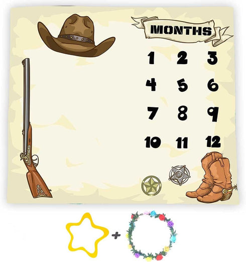 Cowboy Theme Baby Monthly Milestone Blanket, 48x40in Soft Flannel, Gun Boots Hats Nursery Blanket for Newborn