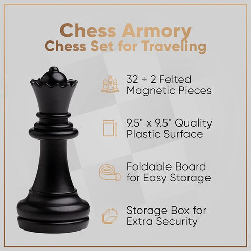 9.5 Inches Set 2 Chess Armory Magnetic Travel Chess - Folding Board with Storage Box & Extra Queen.
