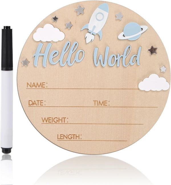 Penitue Hello World Baby Announcement Sign, 5.9in Wooden Newborn Birth Sign with Pen