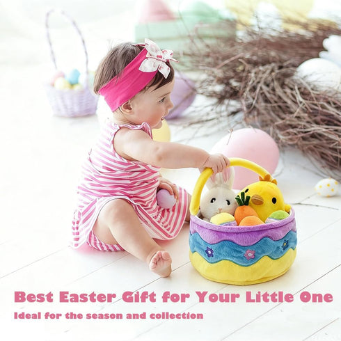 AMSHINE 7 Playset Bakset Pcs Easter Basket Plush with Bunny Chick Egg Carrot, My First Easter Stuffers Toys Gifts