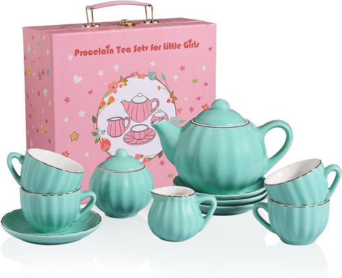 Sweejar Porcelain Tea Set for Little Girls, Kitchen Toys Tea Party Set for Kids, Includes Teapot, Cup & Saucer Set of 4