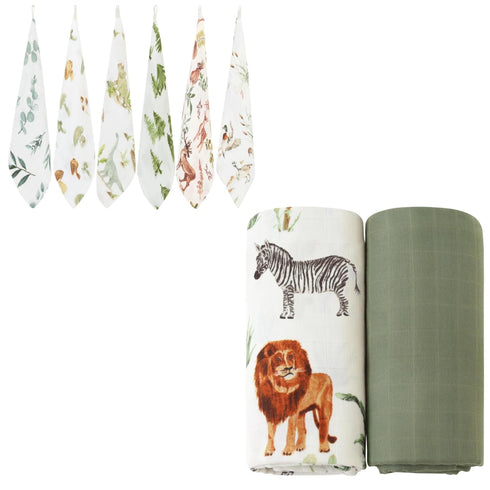 LifeTree Muslin Swaddle Blankets Neutral, Baby Washcloths Safari Animals Swaddling Wrap Nursery