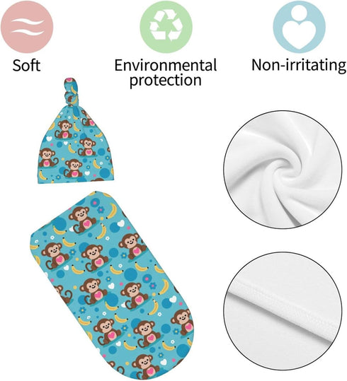 Nanyizly Set 0-6m Monkeys and Bananas Newborns Beanie Swaddle Blanket Baby Receiving Blankets for Infant Boy Girl