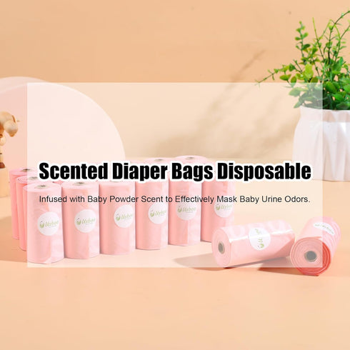 20 (300 Pack), USBOO Disposable Diaper Bags for Baby - Refill Rolls Disposable Trash Bag with Dispenser - Cherry