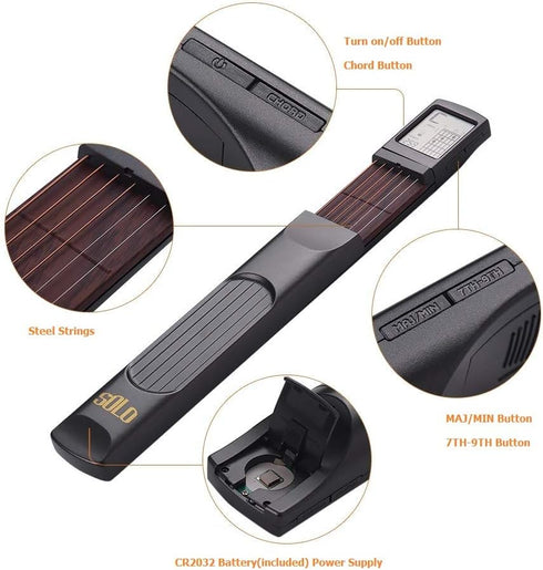 Pocket Guitar Chord Practice Tool, Portable Neck Trainer for Beginners with Rotatable Chords Chart Screen