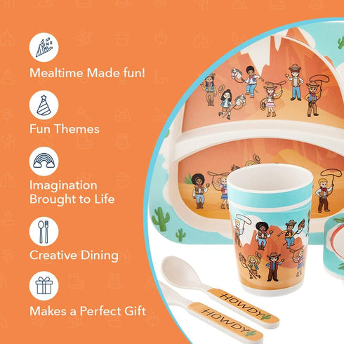5-Piece Kids Dinnerware Set, Western Cowboys Themed Utensils, Bamboo Fiber Plate, Bowl & Cup, Toddler Safe
