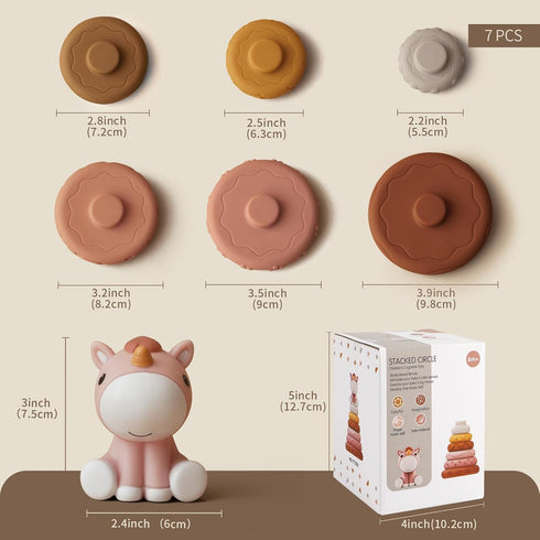 Nueplay 7 Pcs Stacking & Nesting Baby Toys, Squeeze Teething Toys with Pink Horse Figure, Newborn Essentials