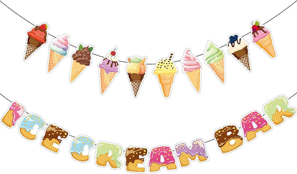 Ice Cream Party Decorations - 2Pcs Ice Cream Bar Banner & Cone